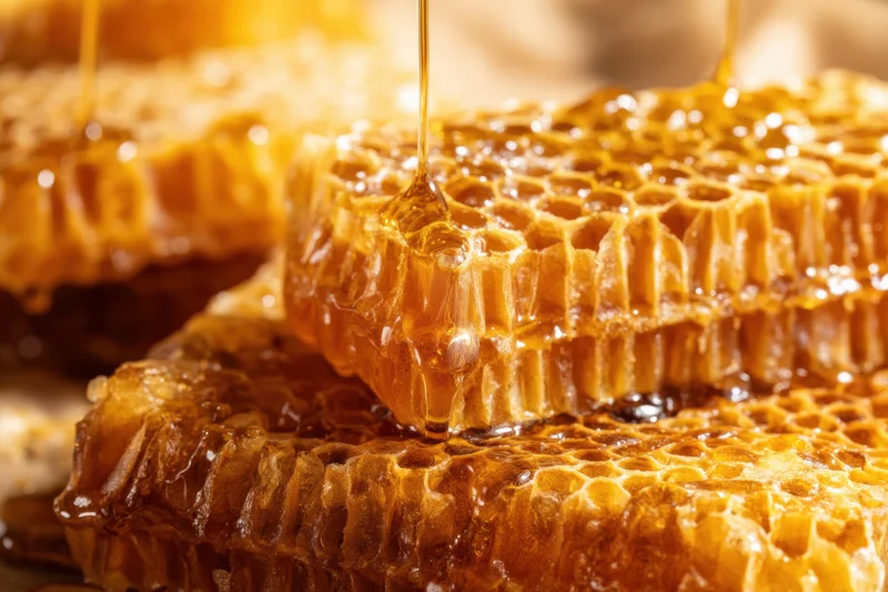 Honeycomb pieces stacked with honey dripping onto them in close-up view