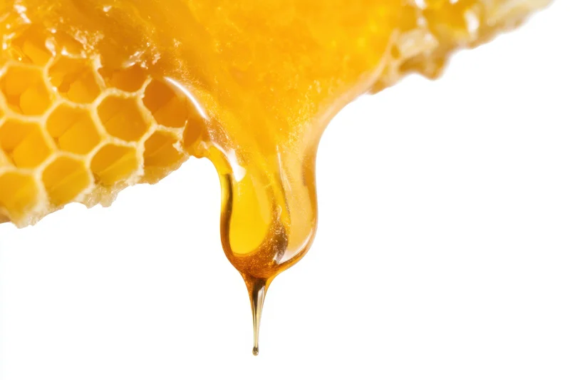 Golden honey dripping from a honeycomb against white background