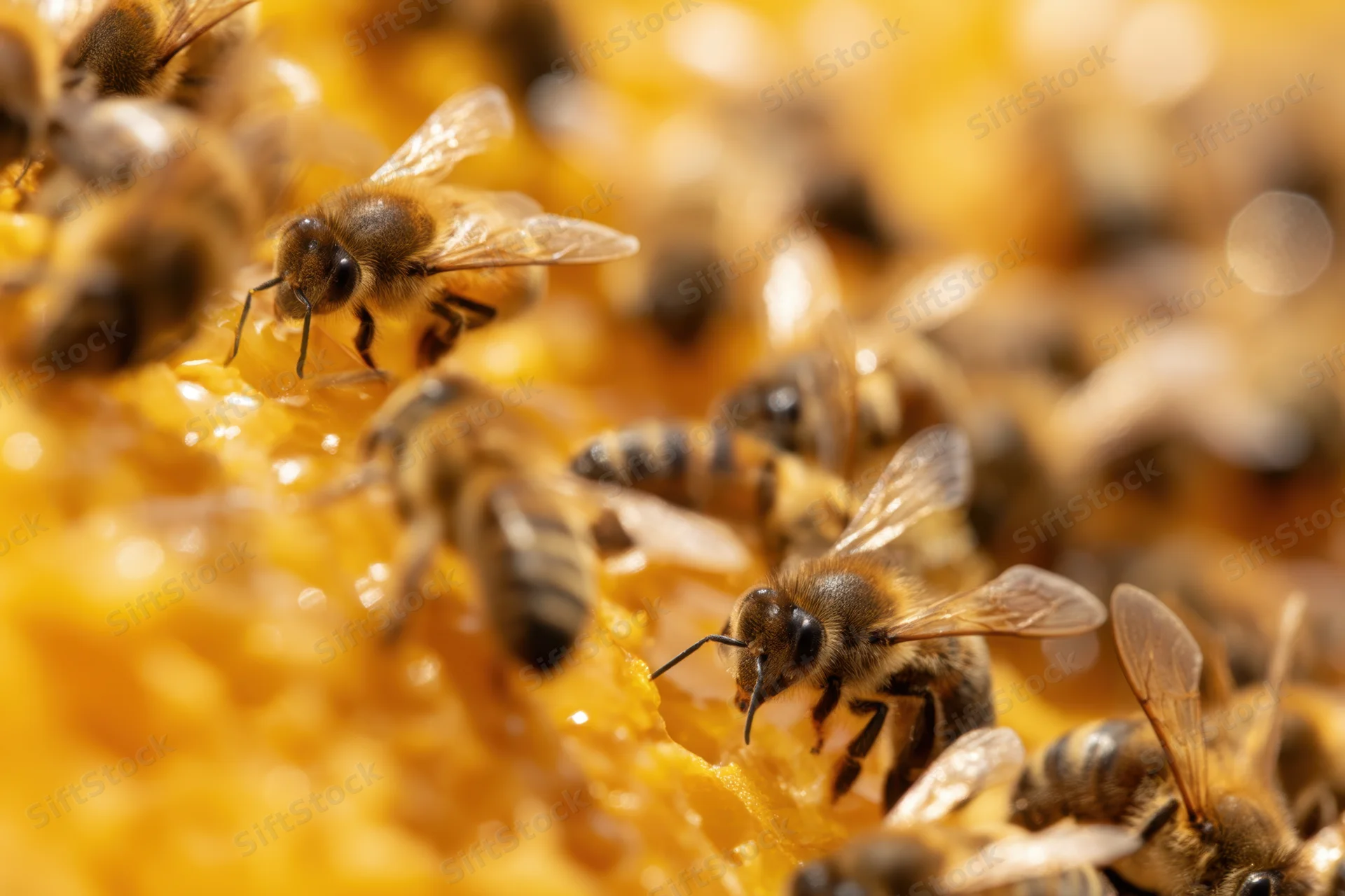 Honeybees actively foraging on a golden honeycomb structure in a hive