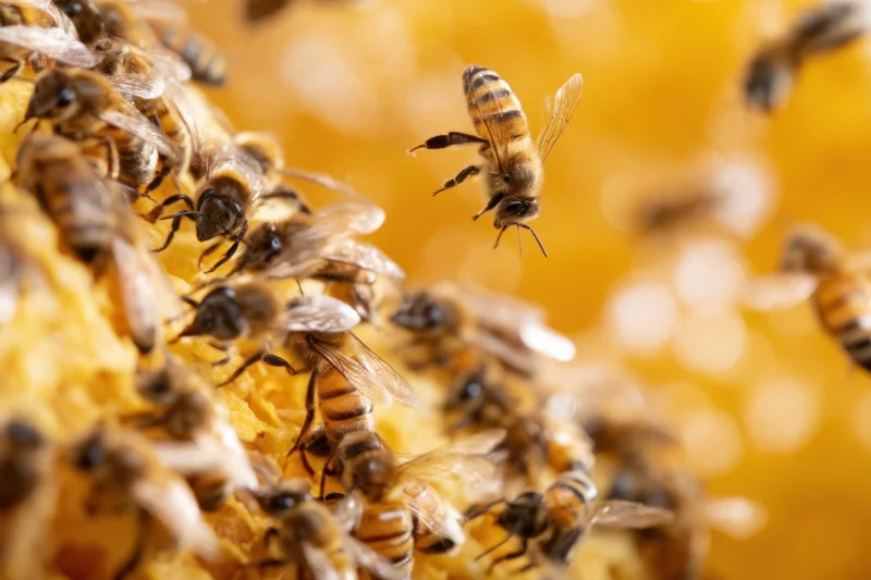 Honeybees actively working on honeycomb with one in flight, close-up view
