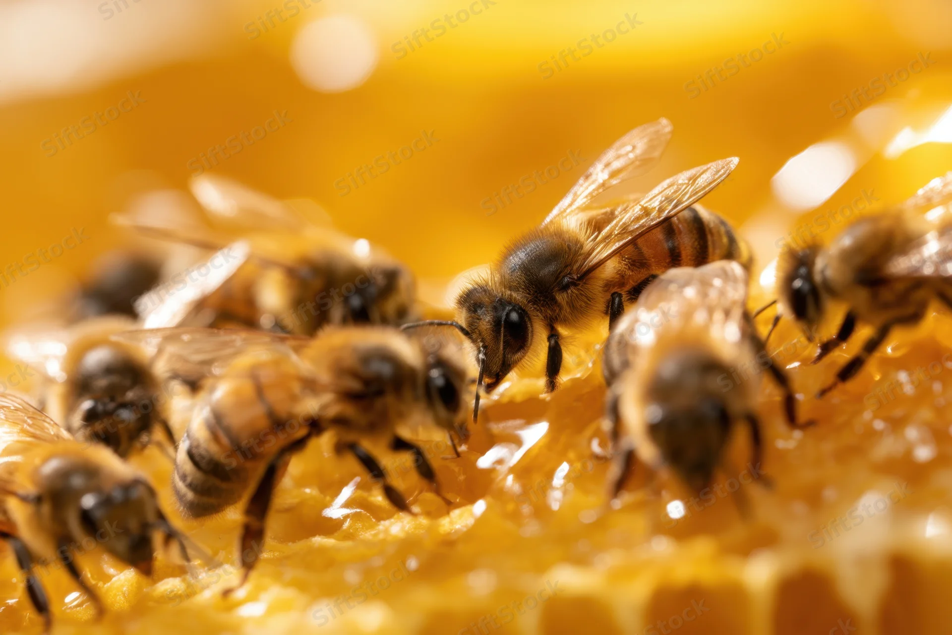 Honeybees actively foraging on a honeycomb structure in a hive