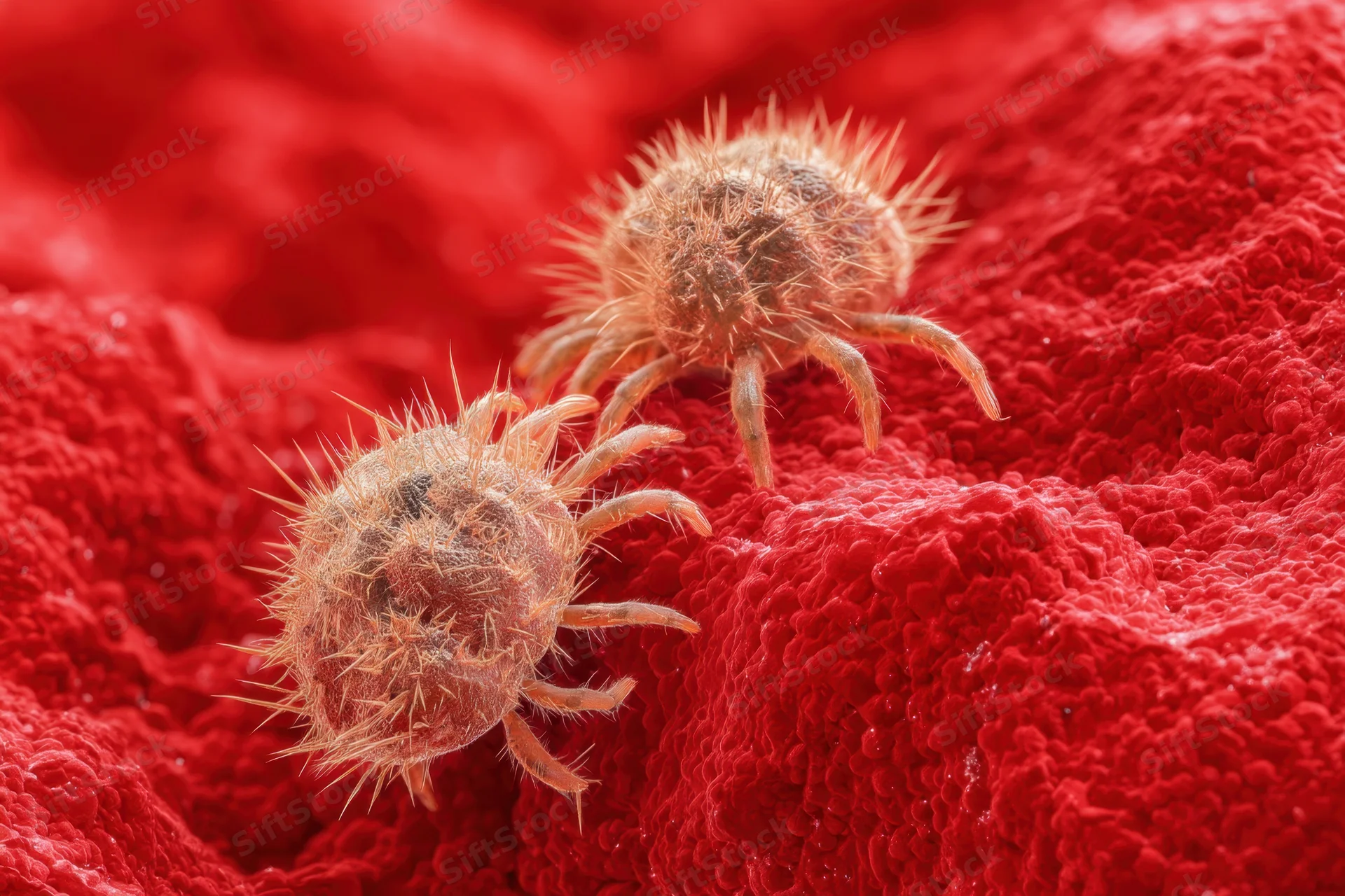 Two mites with spiky bodies and legs resting on a red textured surface