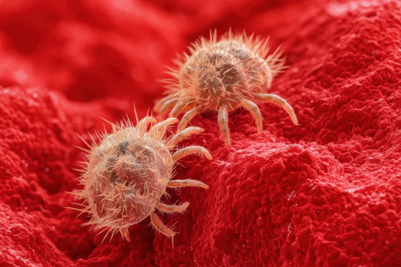 Two mites with spiky bodies and legs resting on a red textured surface
