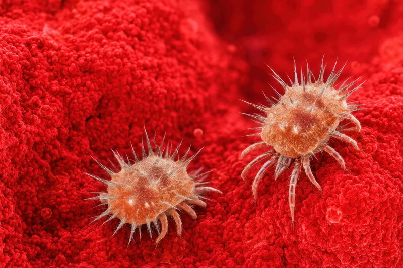 Two mites with spiky bodies and legs on a red textured biological surface under magnification