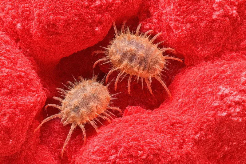 Two mites with spiny bodies and multiple legs resting on a red textured surface resembling biological tissue