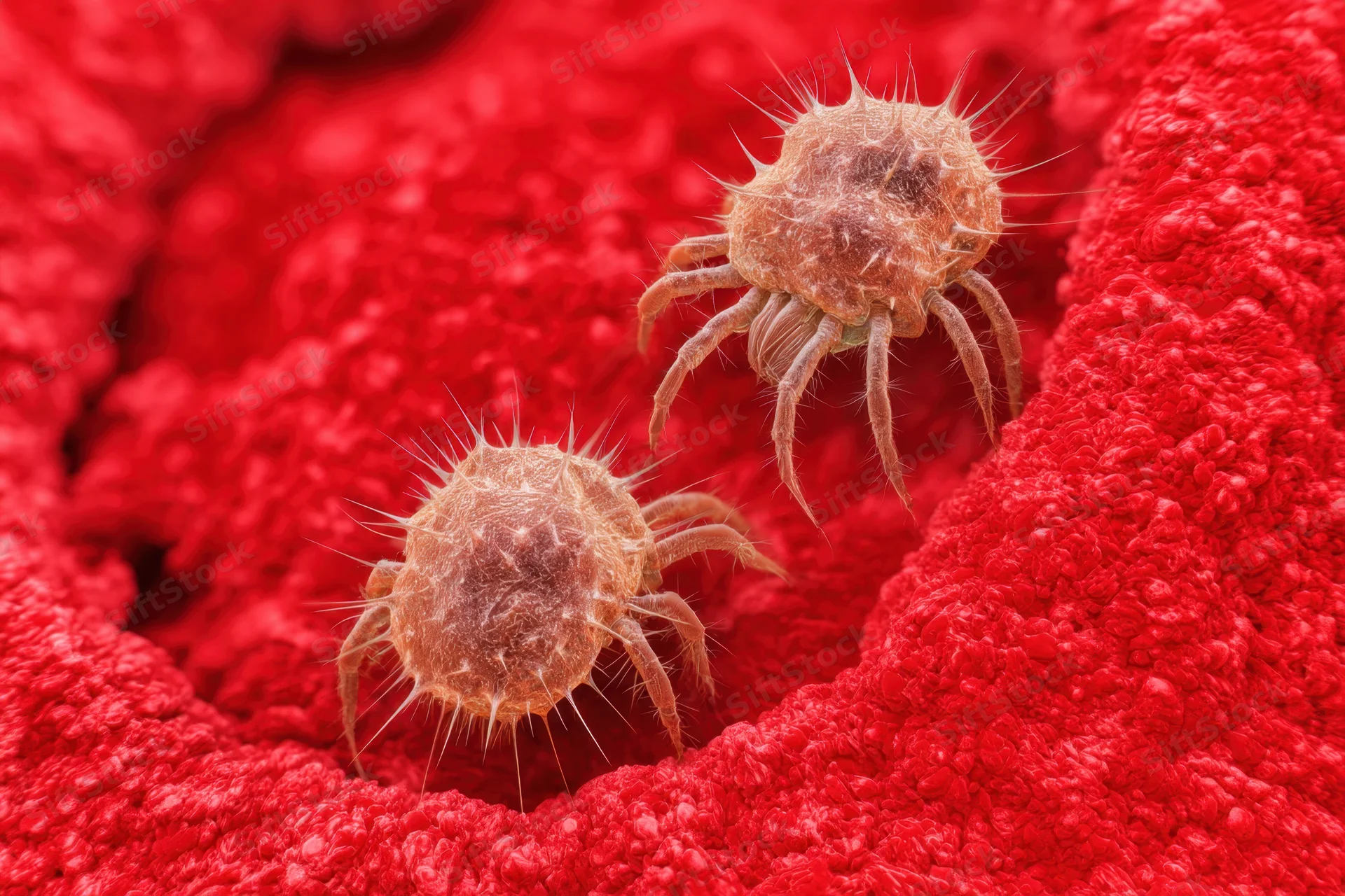 Two dust mites crawling on a red textured fabric surface