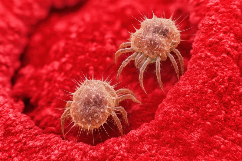 Two dust mites crawling on a red textured fabric surface