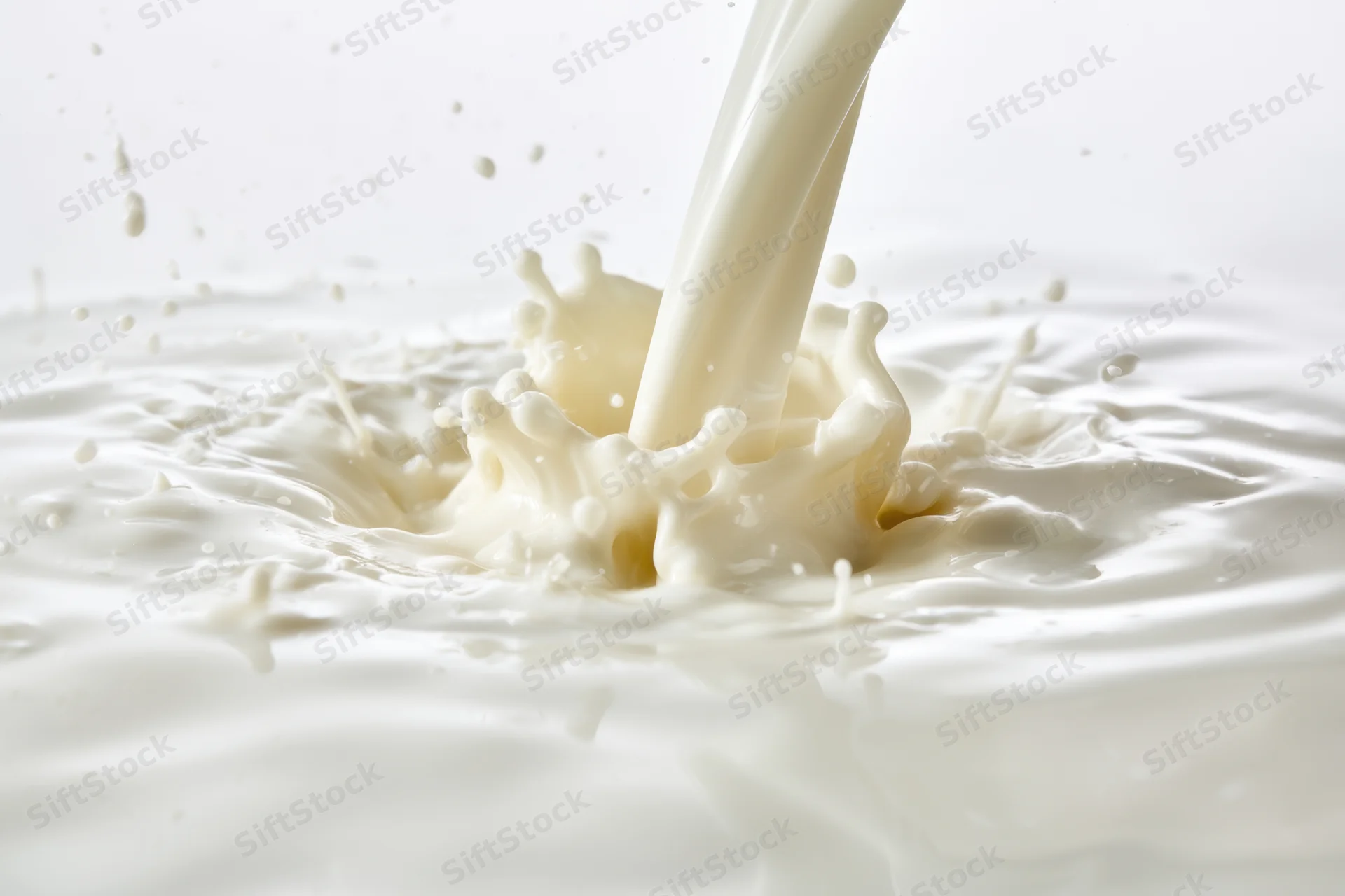 Milk being poured into a pool of milk creating a dynamic splash and crown formation