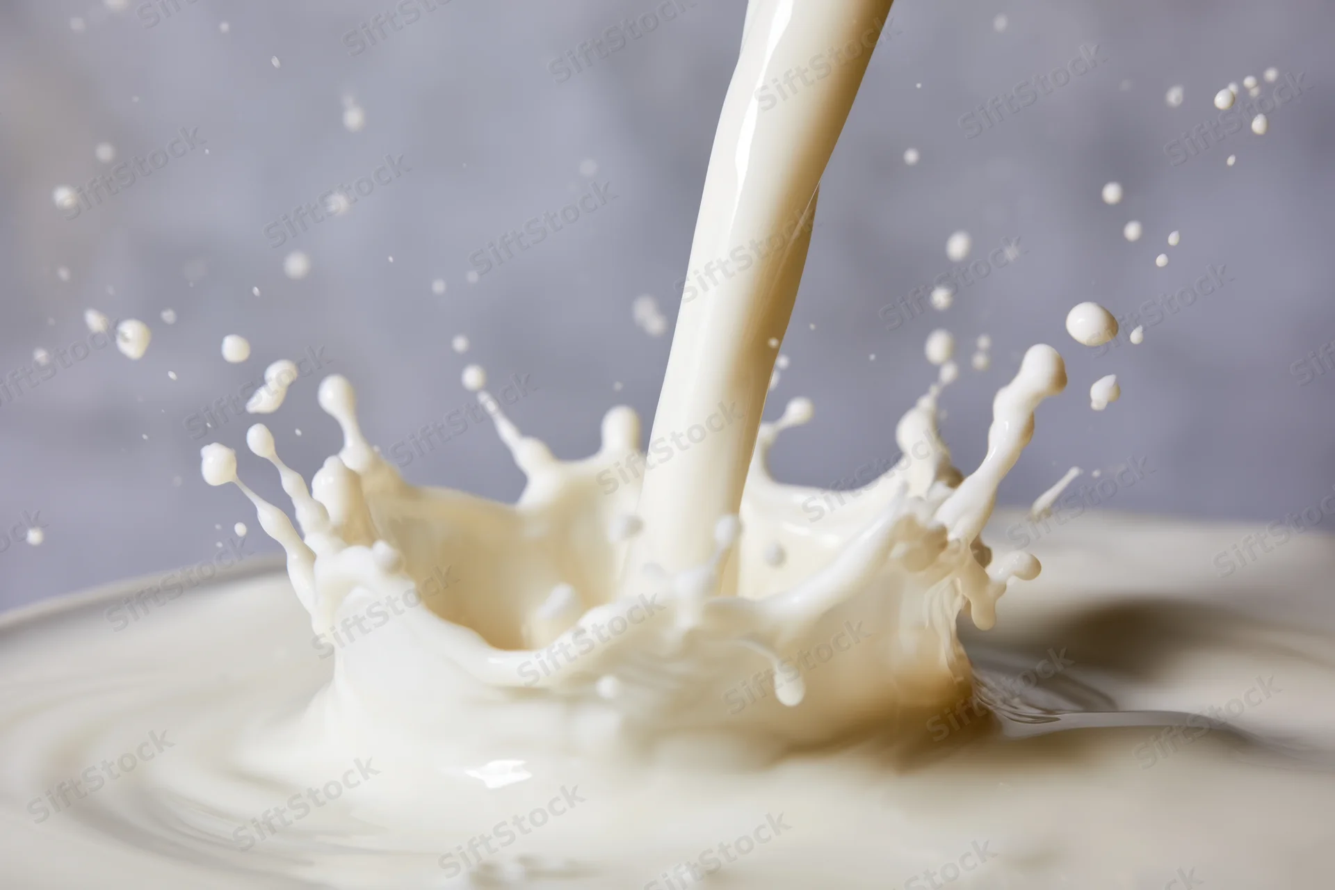 Milk being poured into a pool of milk creating a dynamic splash and crown formation