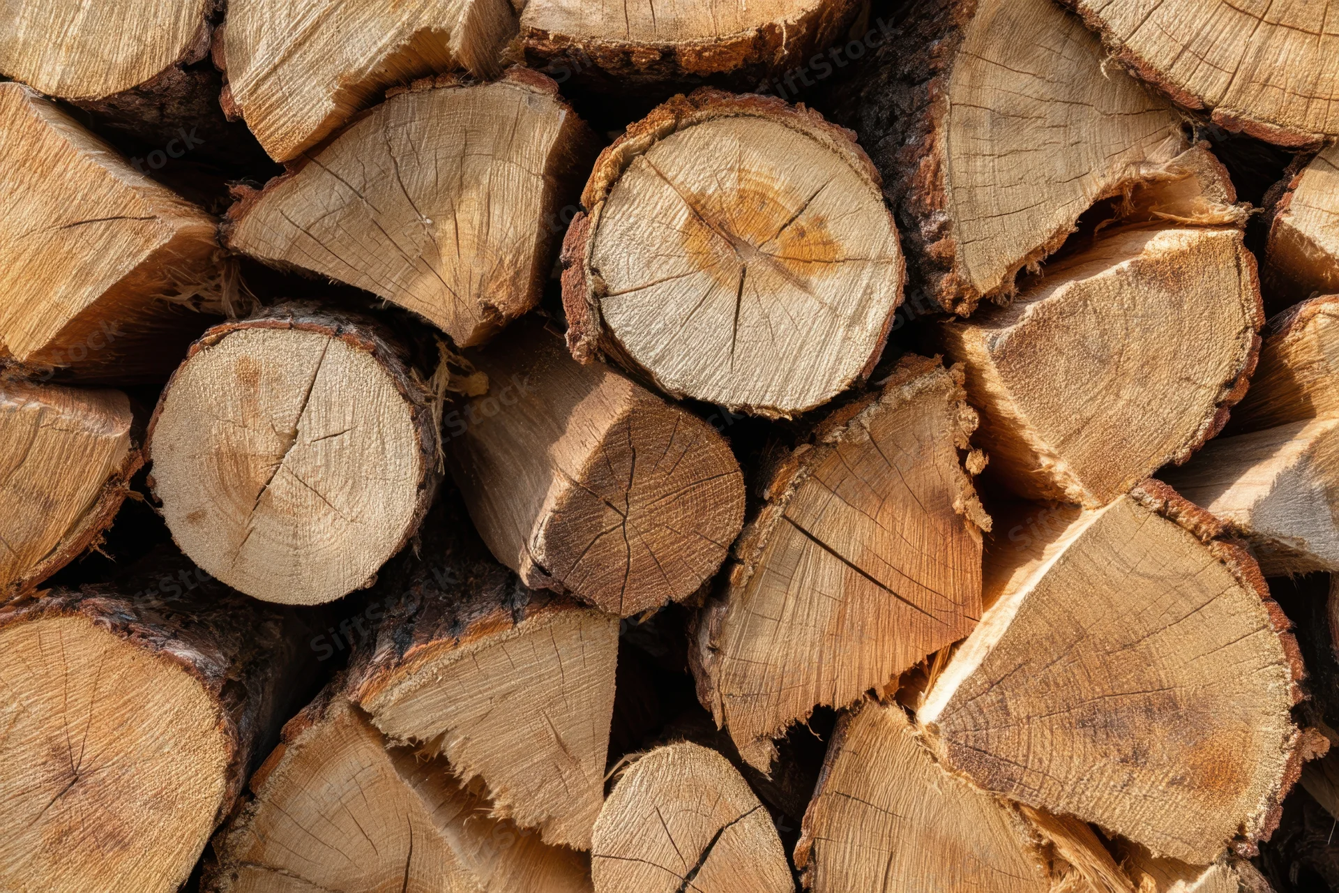 Neatly stacked firewood logs showing cut ends and wood grain in outdoor pile