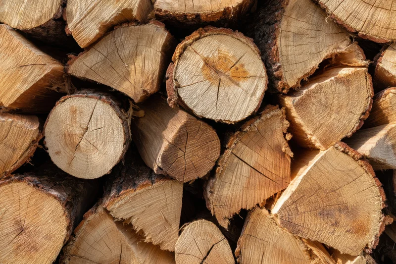 Neatly stacked firewood logs showing cut ends and wood grain in outdoor pile