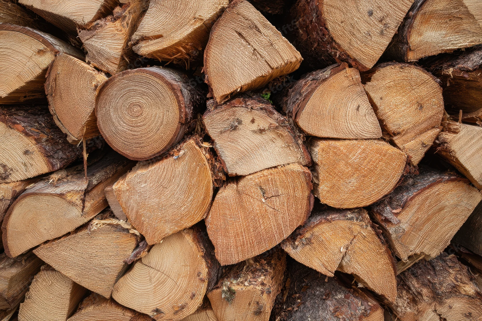 Neatly stacked firewood logs showing cut ends and bark in an outdoor storage pile