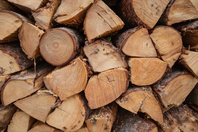 Neatly stacked firewood logs showing cut ends and bark in an outdoor storage pile