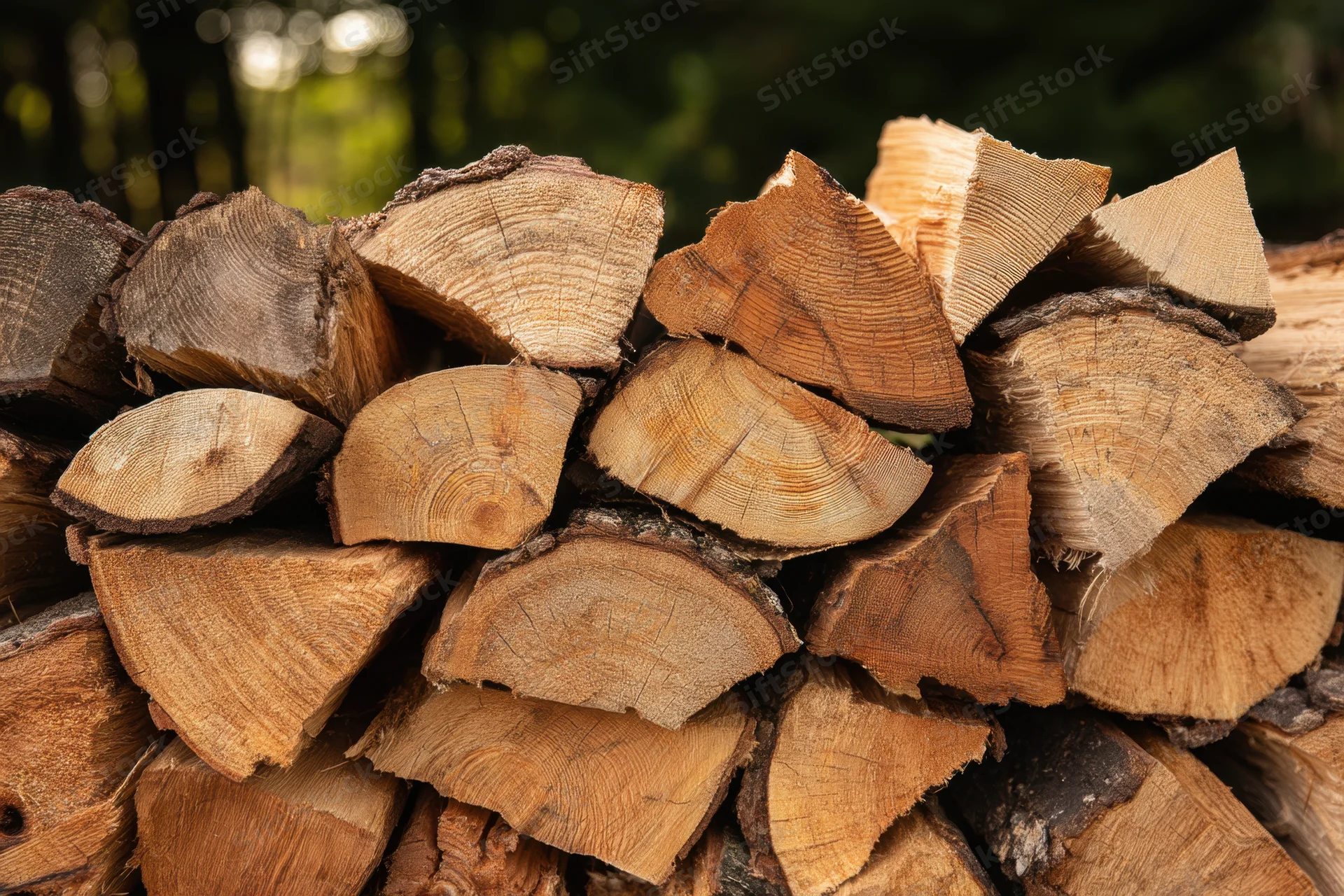Neatly stacked chopped firewood logs outdoors with visible wood grain and bark edges