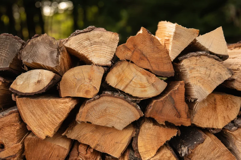 Neatly stacked chopped firewood logs outdoors with visible wood grain and bark edges
