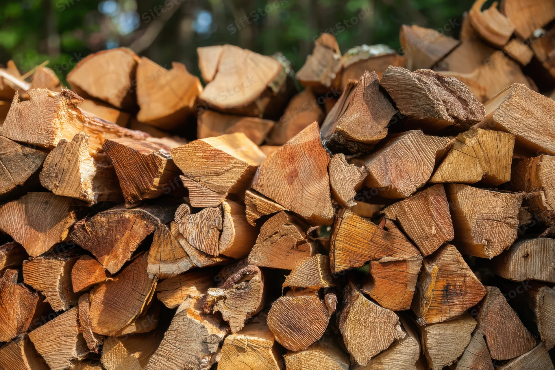 Chopped firewood stacked in a pile outdoors in a wooded area