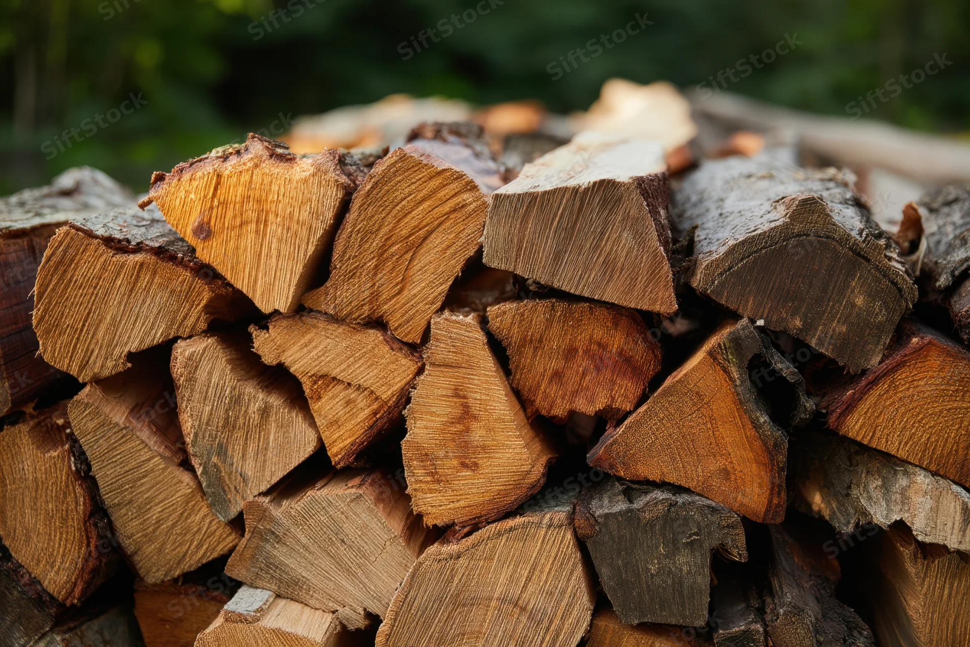 Chopped firewood stacked in a pile outdoors near a forest