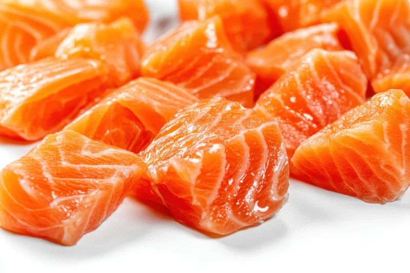 Scattered raw salmon chunks on a white background