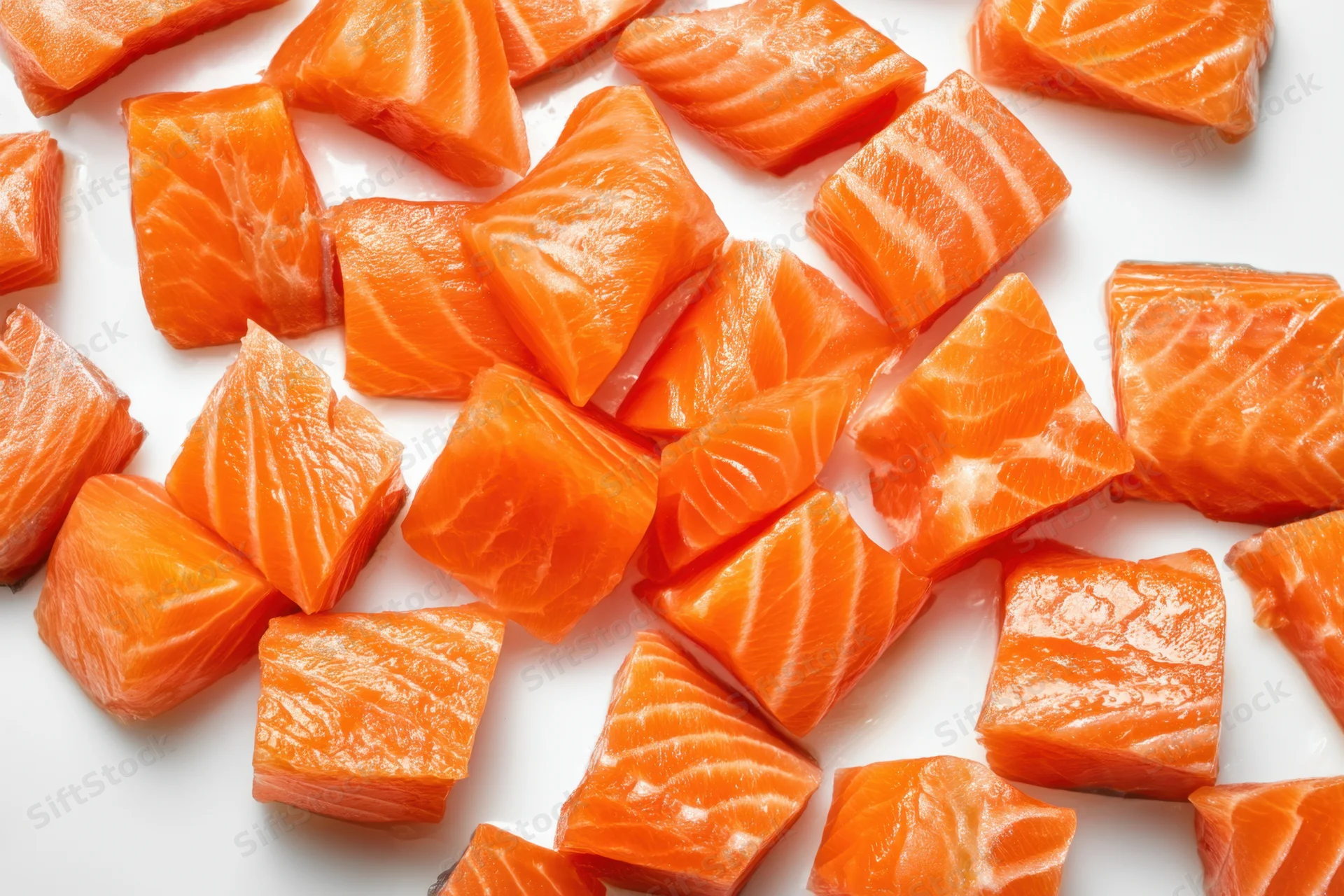 Diced salmon chunks scattered on a white background