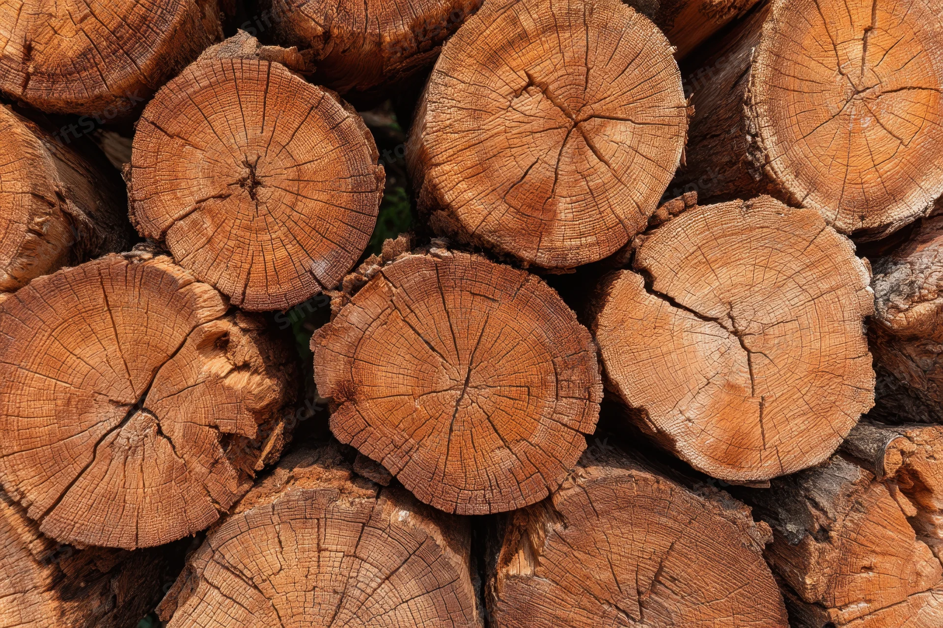 Stacked logs showing cut ends with visible wood grain and growth rings