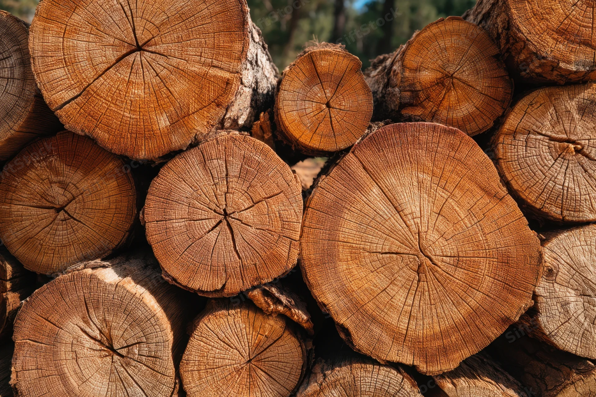 Stacked logs showing cut ends with visible wood grain and growth rings outdoors