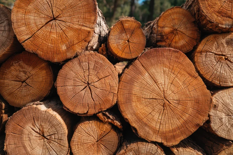 Stacked logs showing cut ends with visible wood grain and growth rings outdoors
