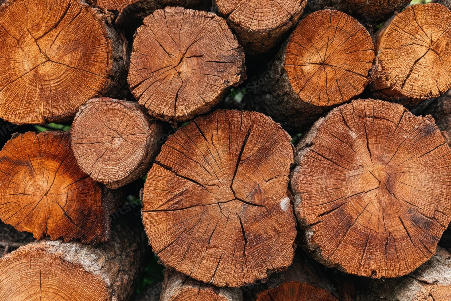 Stacked logs showcasing intricate wood grain and growth rings in a natural outdoor setting