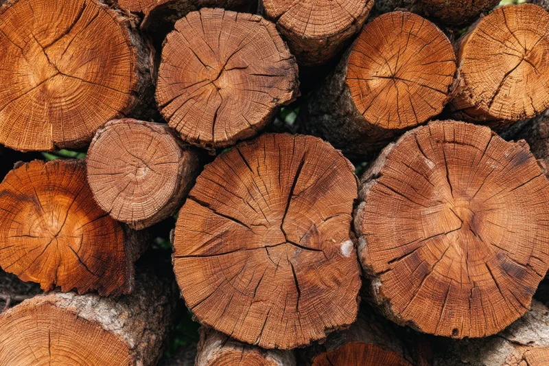 Stacked logs showcasing intricate wood grain and growth rings in a natural outdoor setting