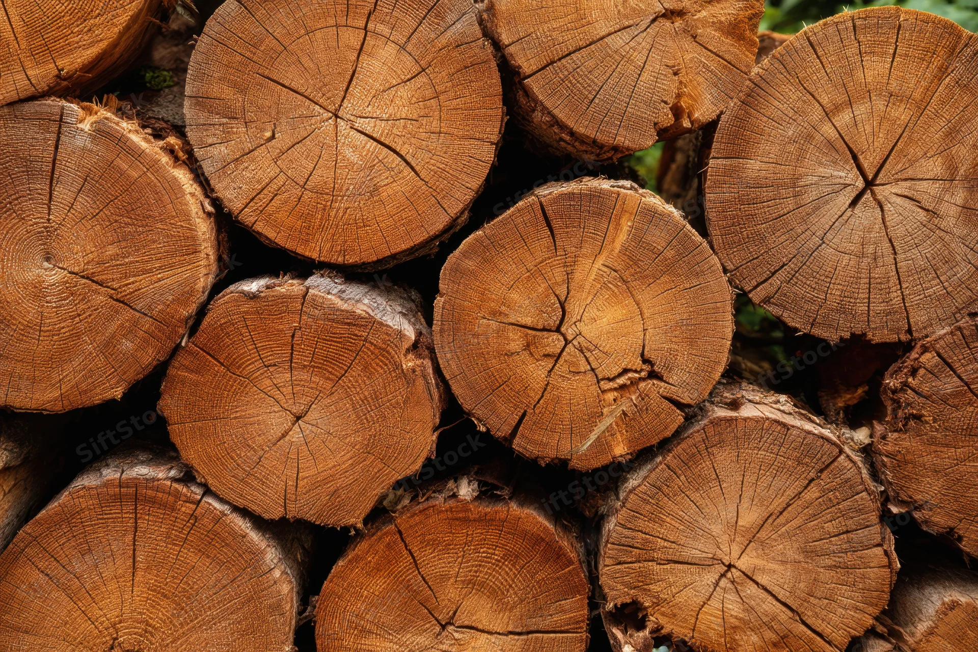 Stacked logs showcasing intricate wood grain and growth rings in a natural outdoor setting