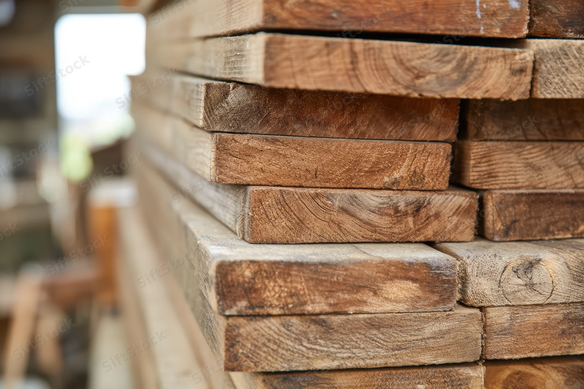 Stacked wooden planks with visible natural grain and texture in a workshop setting