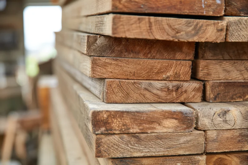 Stacked wooden planks with visible natural grain and texture in a workshop setting