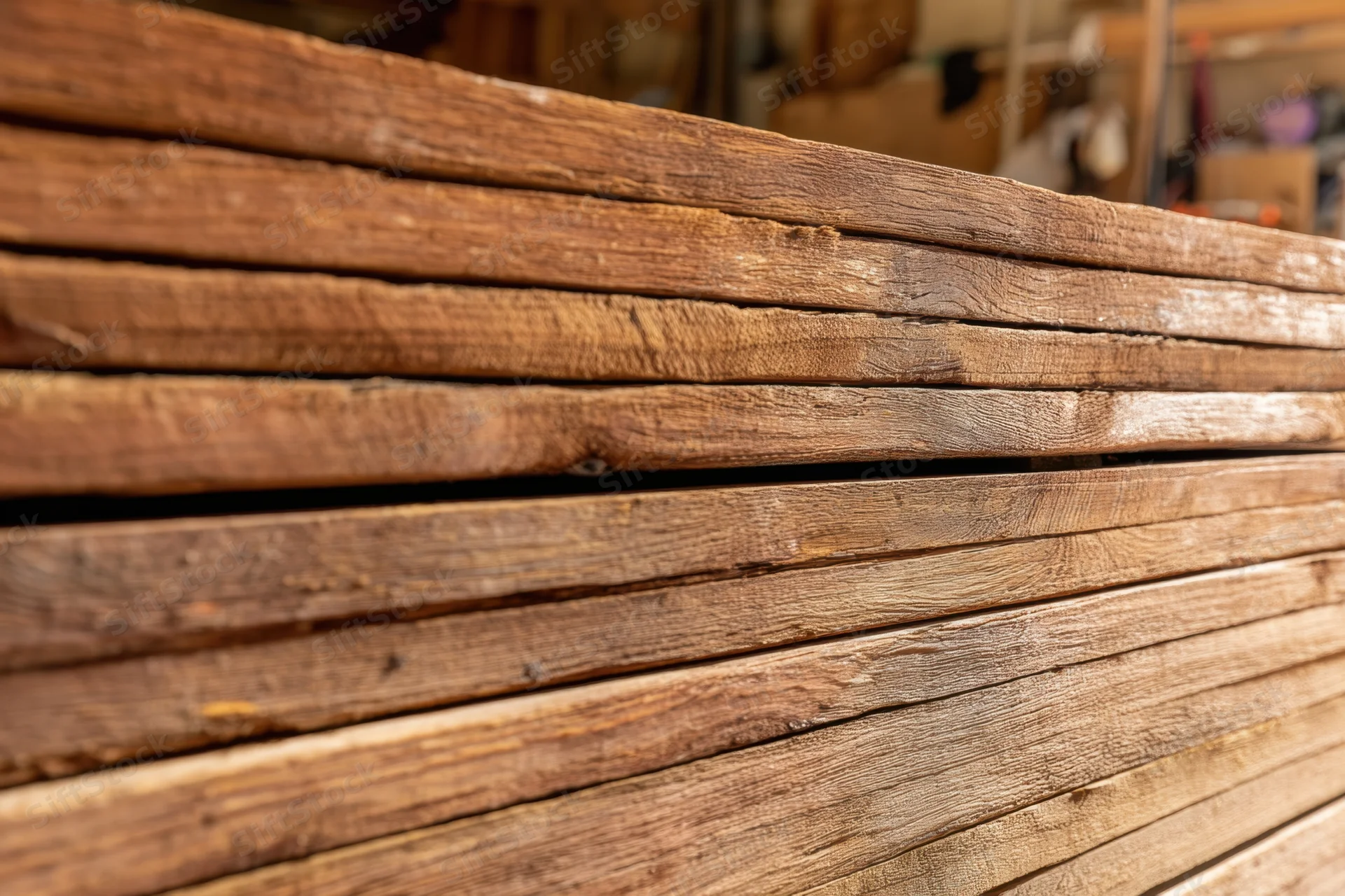 Weathered Wooden Planks Stacked in a Quiet Lumber Yard