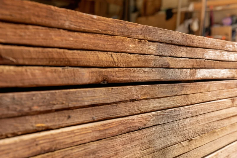 Weathered Wooden Planks Stacked in a Quiet Lumber Yard
