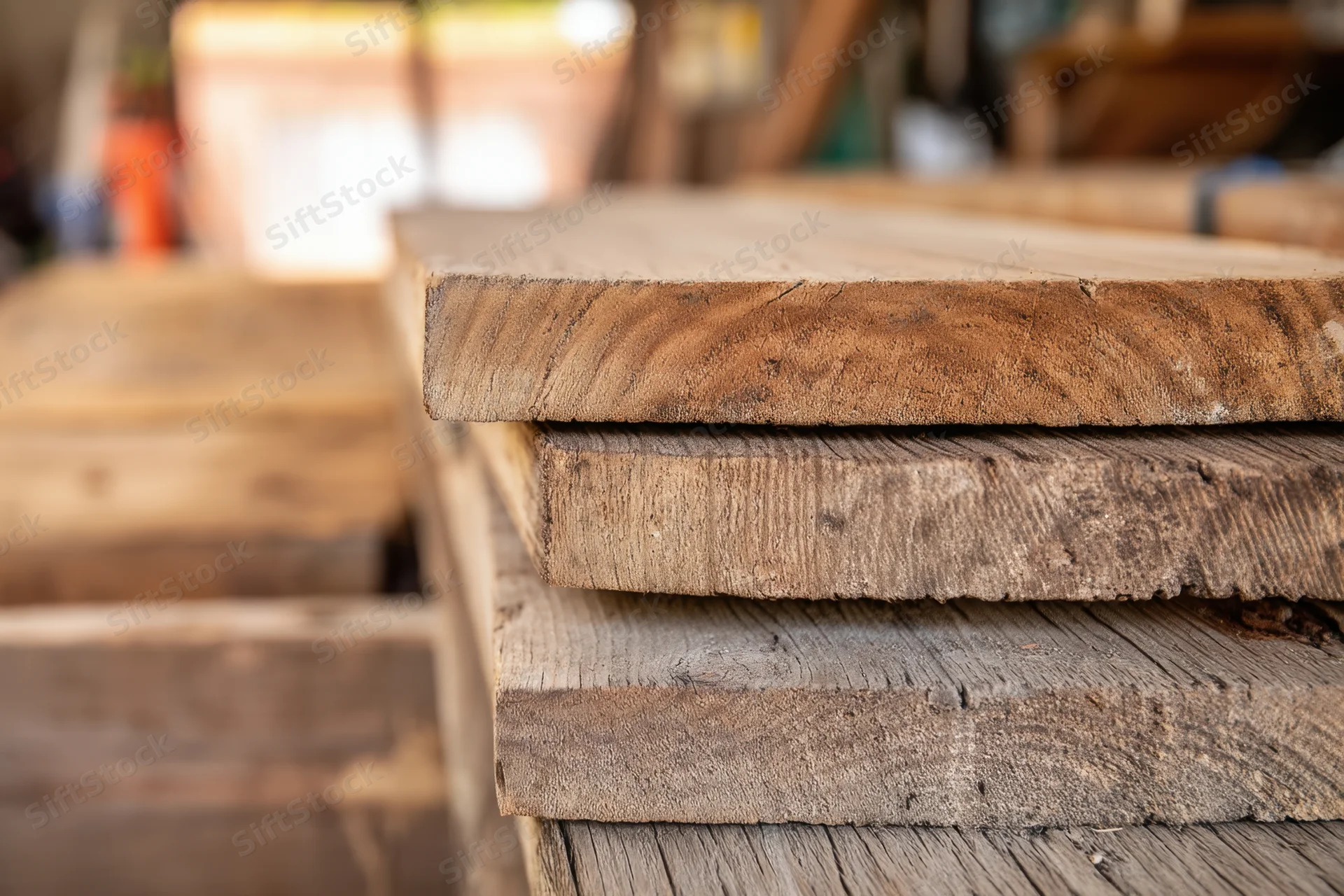 Stacked wooden planks with visible natural grain and texture in a workshop setting