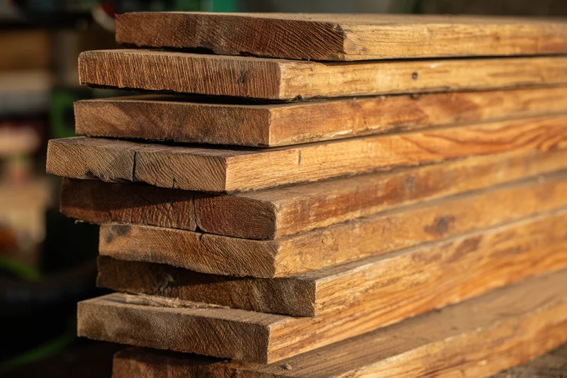 Stacked wooden planks showcasing natural grain and texture in a workshop setting