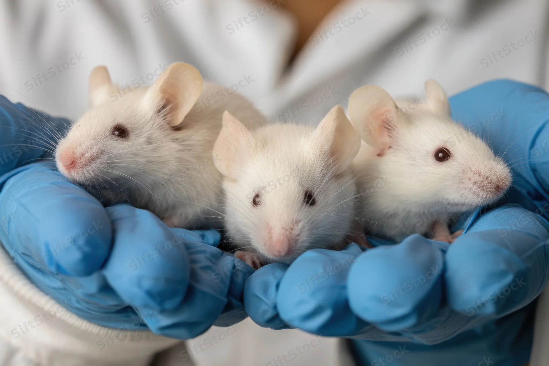 Three white laboratory mice held in cupped hands wearing blue nitrile gloves