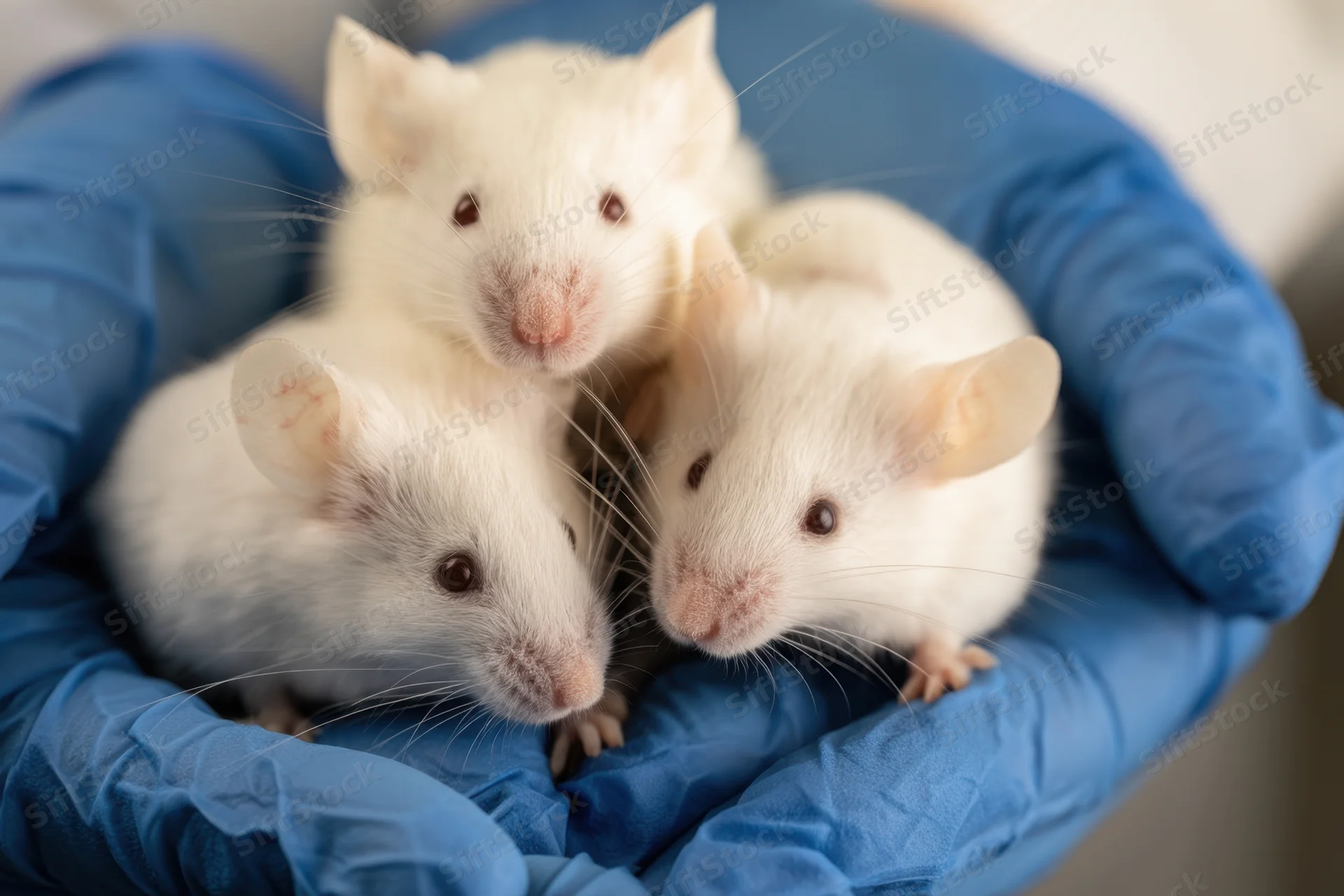 Three white laboratory mice held in cupped hands wearing blue latex gloves