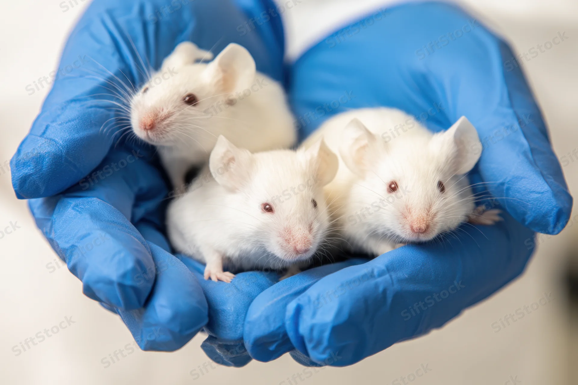 Three white laboratory mice held in cupped hands wearing blue nitrile gloves