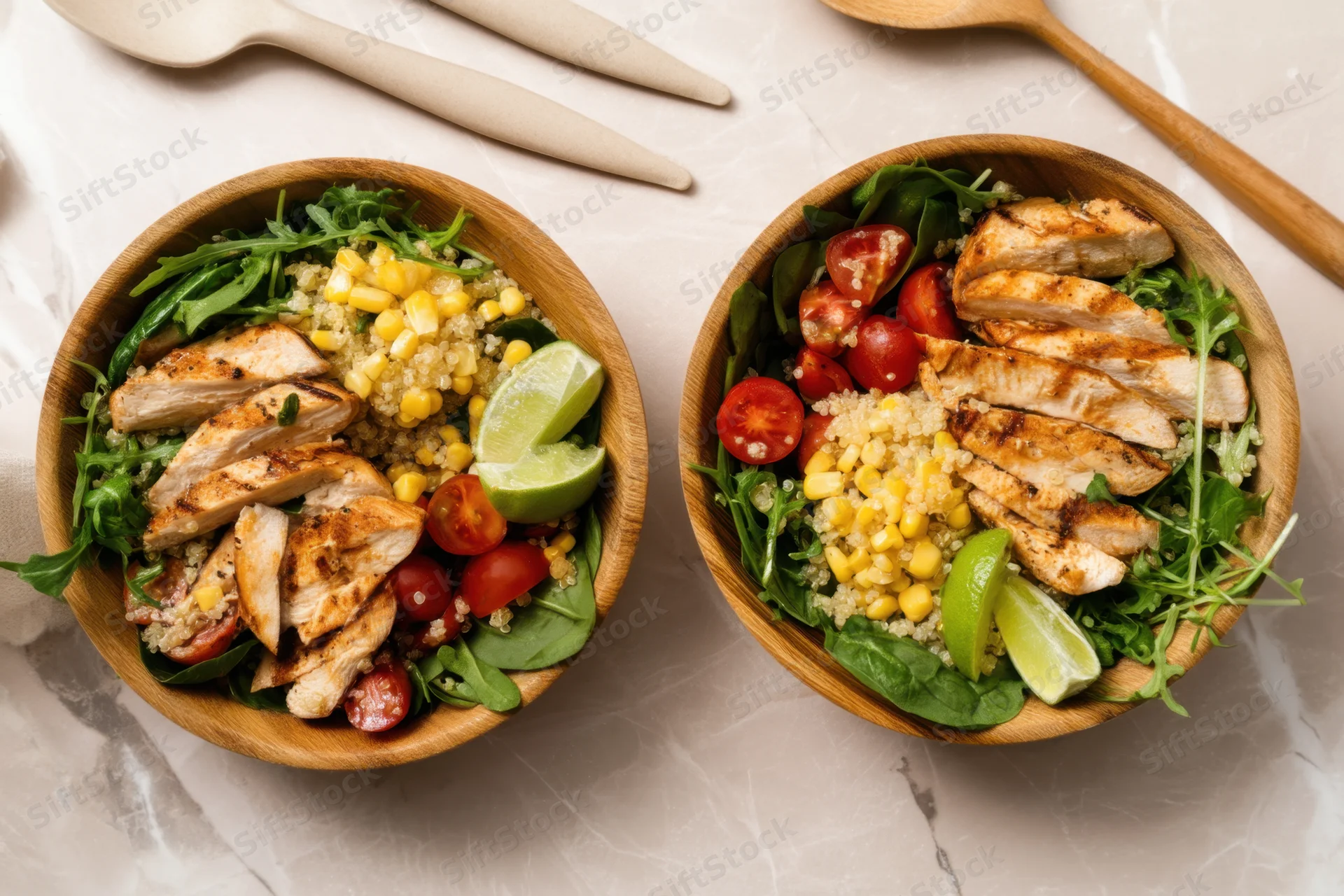 Two wooden bowls filled with grilled chicken, quinoa, corn, tomatoes, lime, and greens arranged on a marble surface