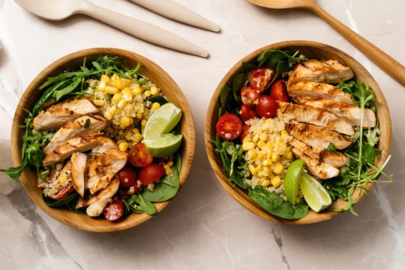 Two wooden bowls filled with grilled chicken, quinoa, corn, tomatoes, lime, and greens arranged on a marble surface