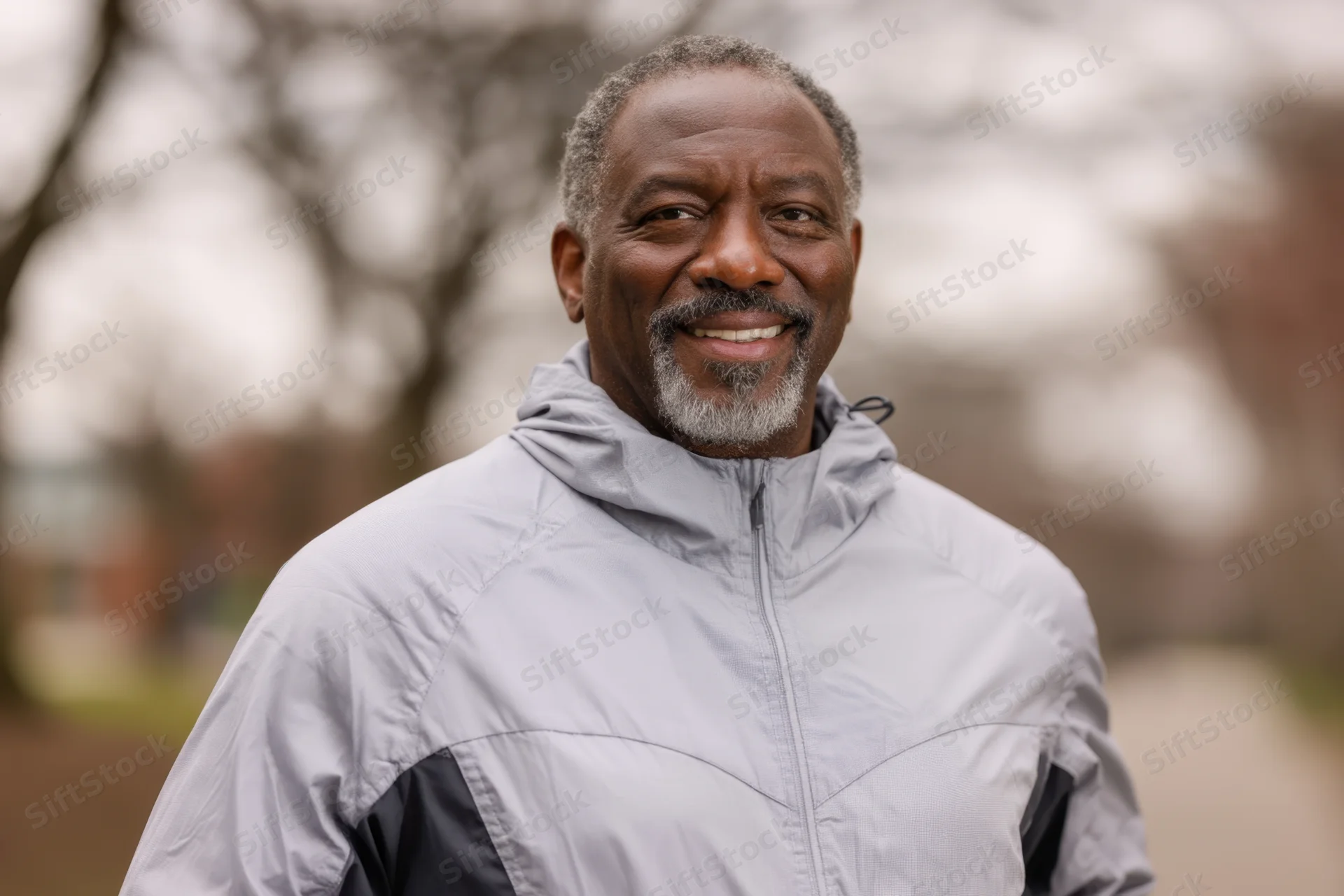 Senior black man jogging outdoors in a gray hooded jacket on a paved path in a park