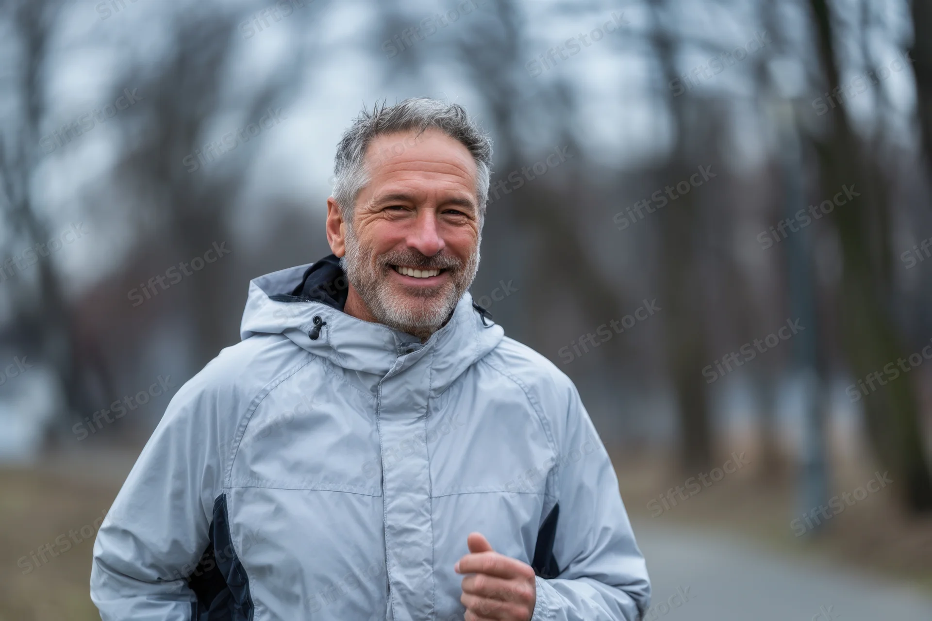 Middle-aged man jogging outdoors in a park smiling while wearing a gray hooded windbreaker