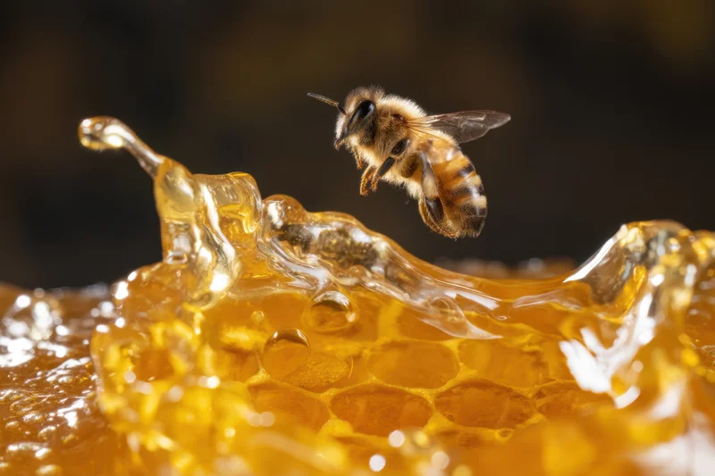 Honeybee hovering over golden honeycomb with viscous honey dripping