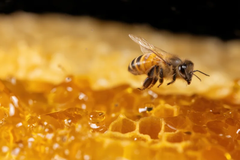 Honeybee hovering over honeycomb cells filled with golden honey