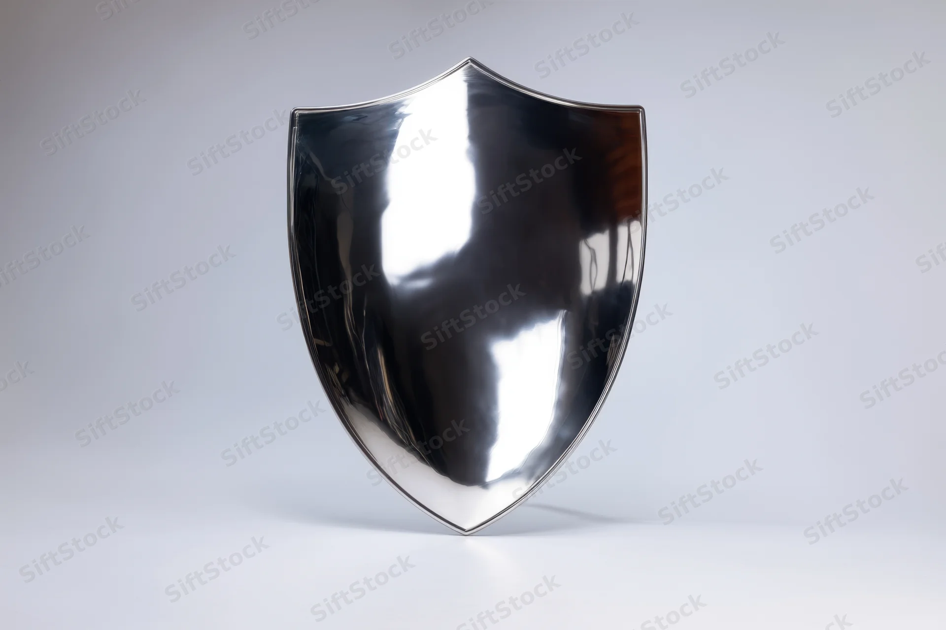 Polished metallic shield standing upright on a white surface with reflective surface and soft lighting