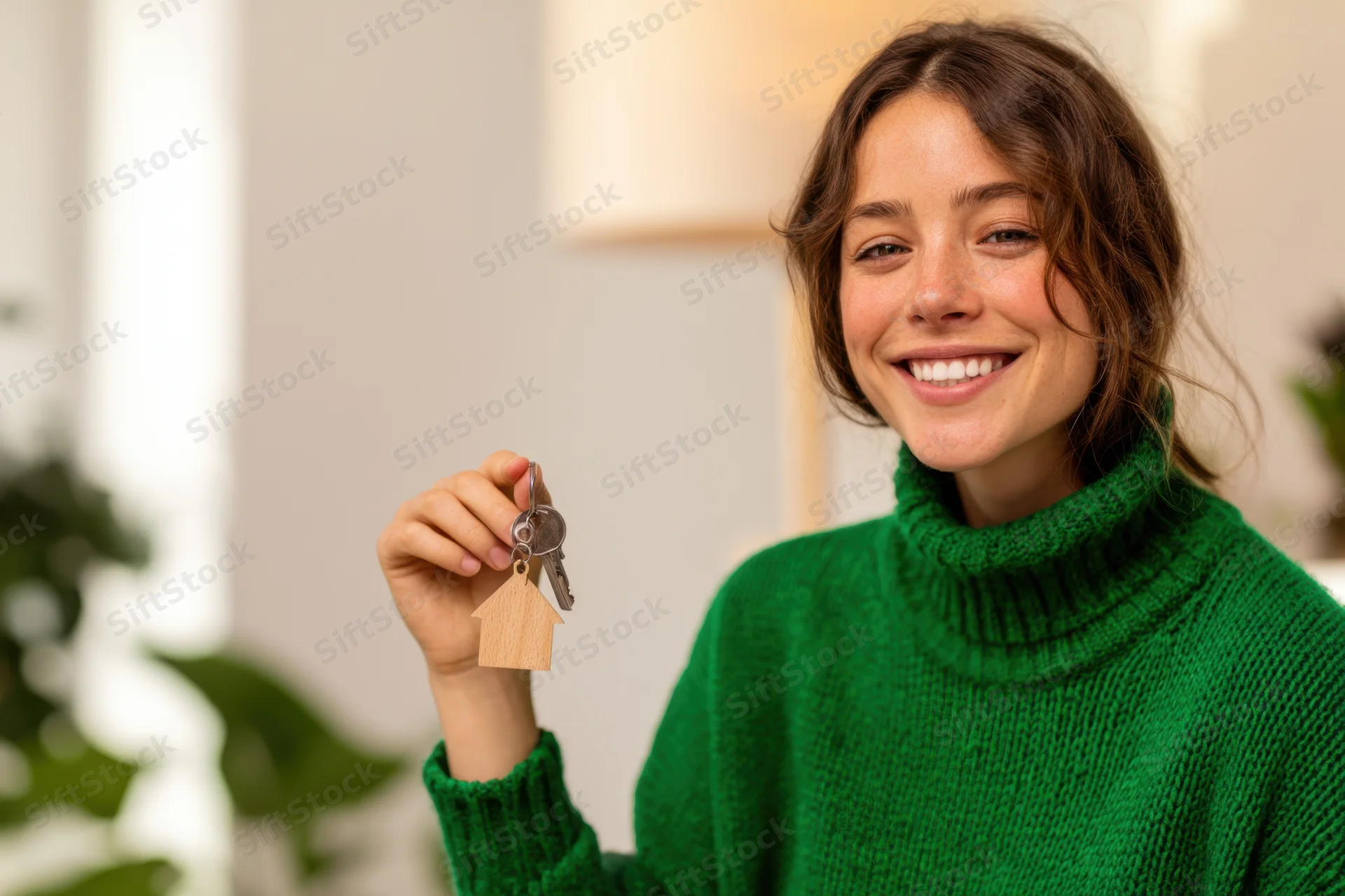 Smiling woman holding keys with wooden house keychain indoors