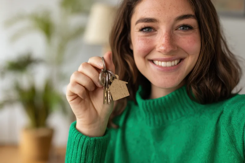 Smiling woman holding keys with wooden house charm in a cozy living room interior