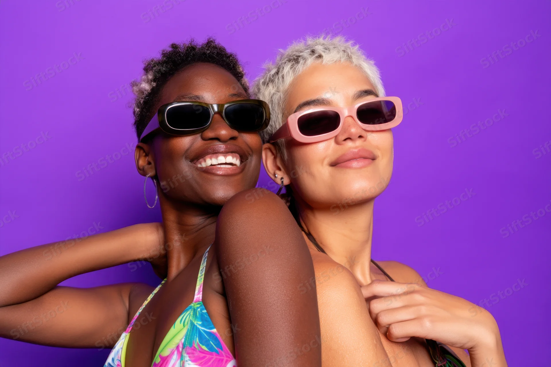 Two women with short vibrant hair wearing sunglasses and smiling in a studio portrait against a purple background