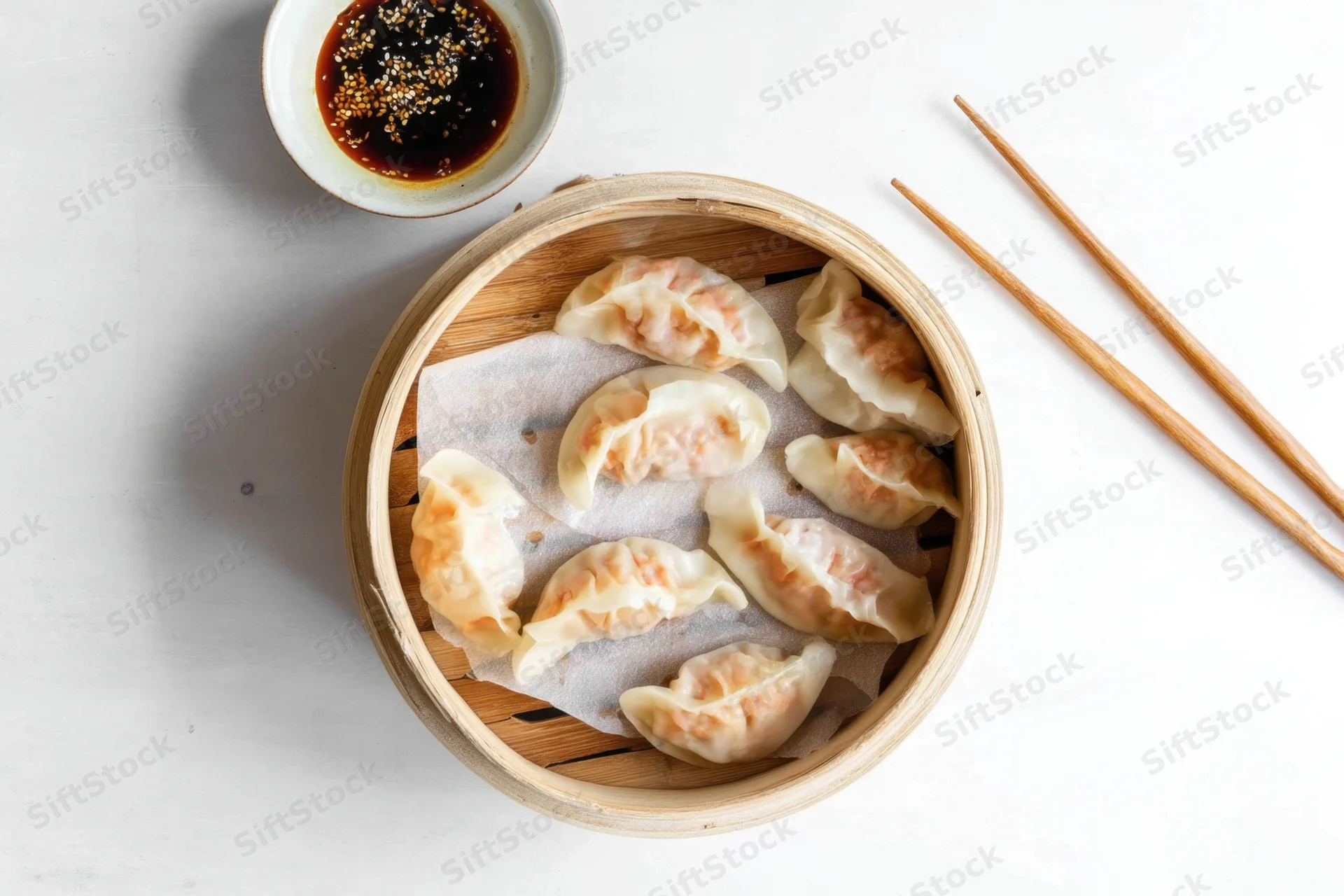 Bamboo steamer filled with dumplings on white surface with chopsticks and dipping sauce nearby
