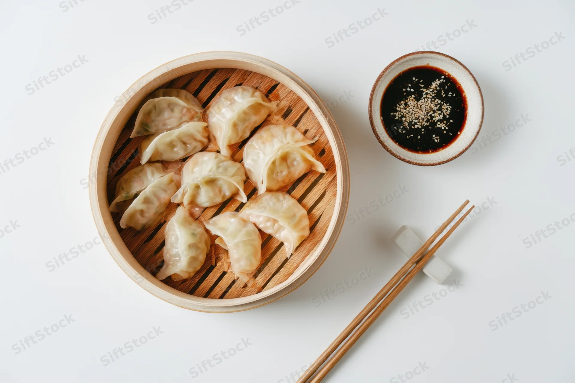 Bamboo steamer with dumplings arranged in circle on white surface with soy sauce and chopsticks
